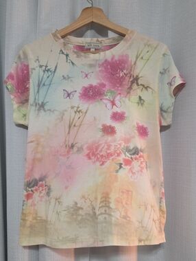 Xeit USA Floral Butterfly Tee in Pastel Pink and Cream